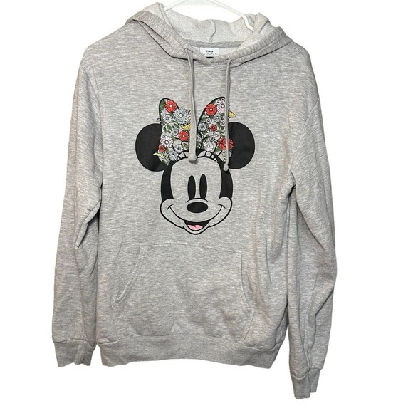 Disney Minnie Mouse Hoodie Women Size M PullOver Embroidered Flowers Floral Gray - Picture 4 of 14